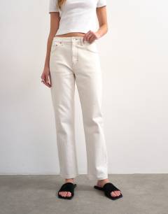 Model wearing Orson mid rise comfort straight jean in bone