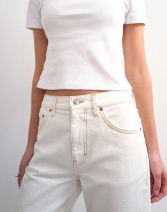 Model wearing Orson mid rise comfort straight jean in bone