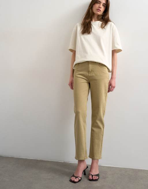 Topshop Orson mid rise comfort straight jean in dark beige, 3 of 7