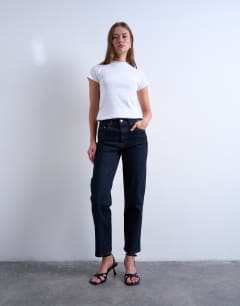 Model wearing Orson mid rise comfort straight jean in indigo rinse