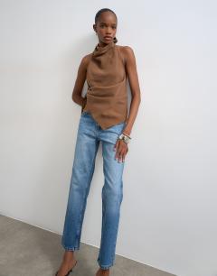 Model wearing Orson mid rise comfort straight jean in vintage blue