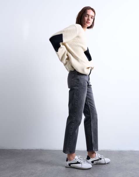 Topshop Orson mid rise comfort straight jean in washed black - view 1