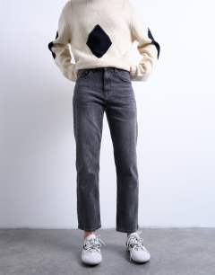 Model wearing Orson mid rise comfort straight jean in washed black