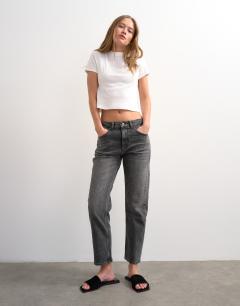 Model wearing Orson mid rise comfort straight jean in washed grey