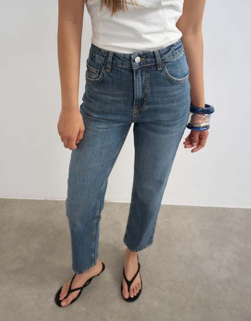 Topshop Orson mid rise comfort straight jeans in deep blue, 4 of 8