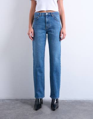 Topshop Orson Mid Rise Comfort Straight Jeans In Blue