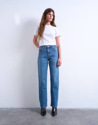 Topshop Orson Mid Rise Comfort Straight Jeans In Blue