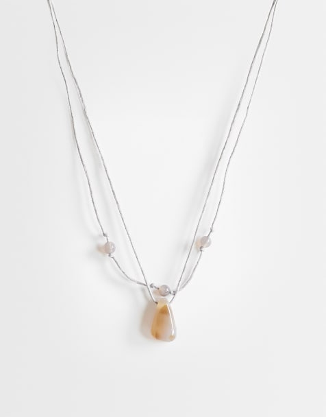 Topshop Ottie cord necklace with semi precious stones in light grey - view 1