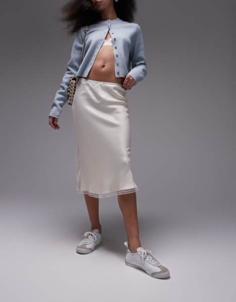Topshop over knee length bias skirt with lace trim in ivory - view 1