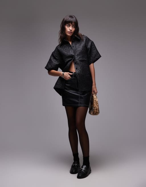Topshop - Overhemd met korte mouwen van getextureerd jacquard in zwart, 2 van 4