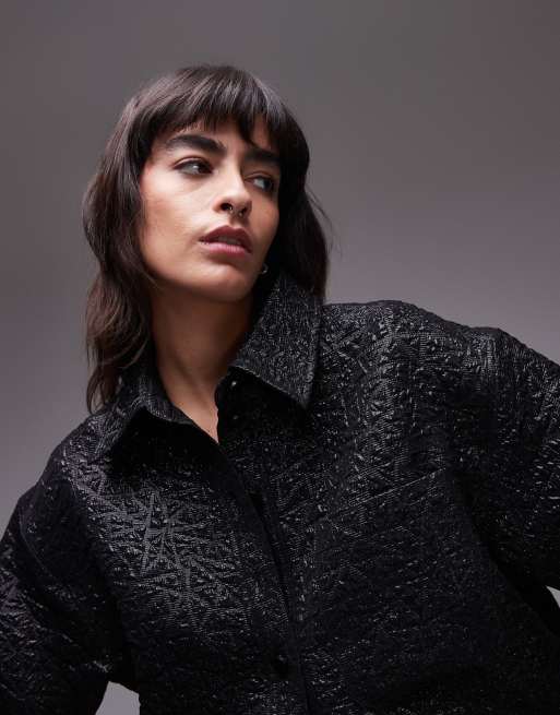 Topshop - Overhemd met korte mouwen van getextureerd jacquard in zwart, 3 van 4