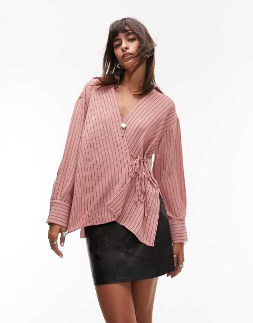 Topshop - Overhemd met overslag aan de voorkant in roze en zwarte streep