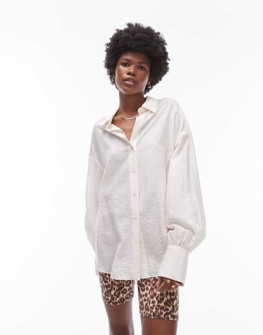 Topshop - Overhemd met textuur en gerimpelde mouwen in ivoorwit