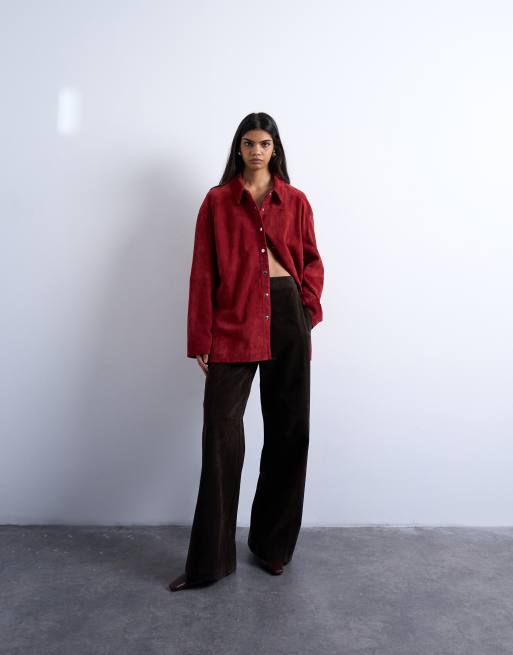 Topshop - Overhemd van echt suède in bordeauxrood, deel van co-ord set, 2 van 4