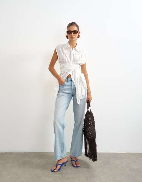 Topshop overhemd zonder mouwen met strikceintuur in witte streep - view 1