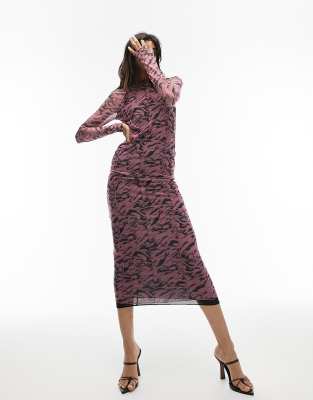 Topshop overlocked long sleeve midi dress in pink animal print