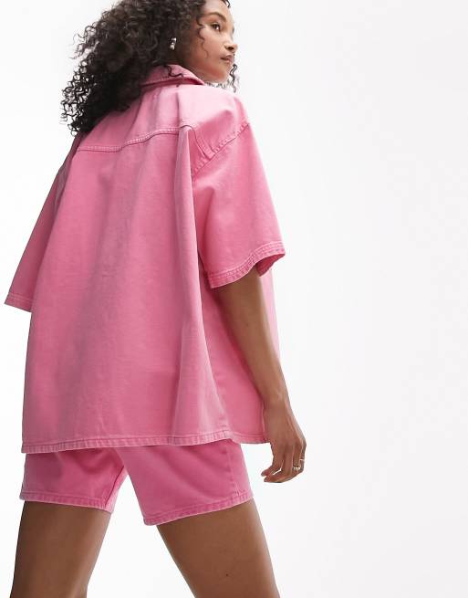 Topshop - Overshirt van denim in felroze , 4 van 4