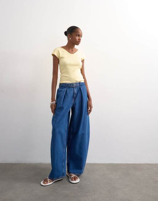 Topshop – Oversize-Barrel-Jeans in kräftigem Indigoblau mit Gürtel und mittelhohem Bund, 3 von 7