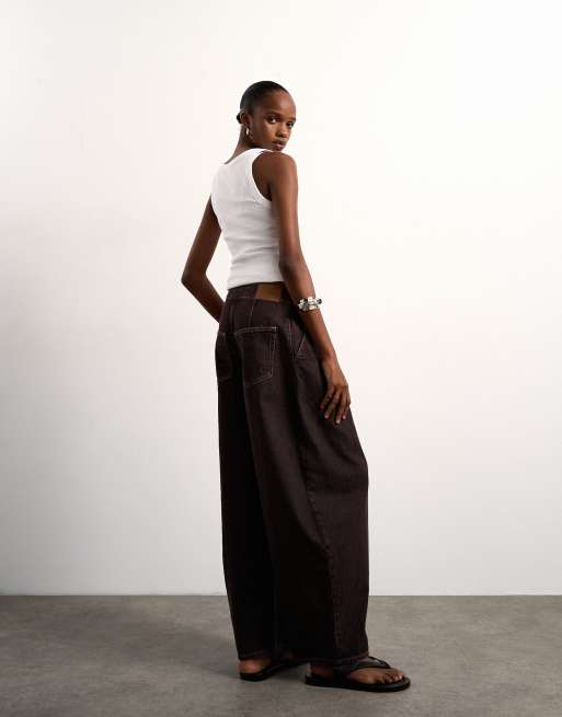 Topshop – Oversize-Barrel-Jeans in Schokobraun mit Gürtel und mittelhohem Bund, 2 von 7
