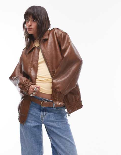 Topshop – Oversize-Bomberjacke aus Kunstleder in Hellbraun - view 1