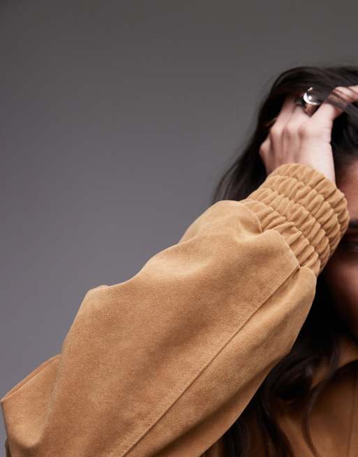 Topshop – Oversize-Bomberjacke aus Wildlederimitat in Hellbraun, 3 von 4