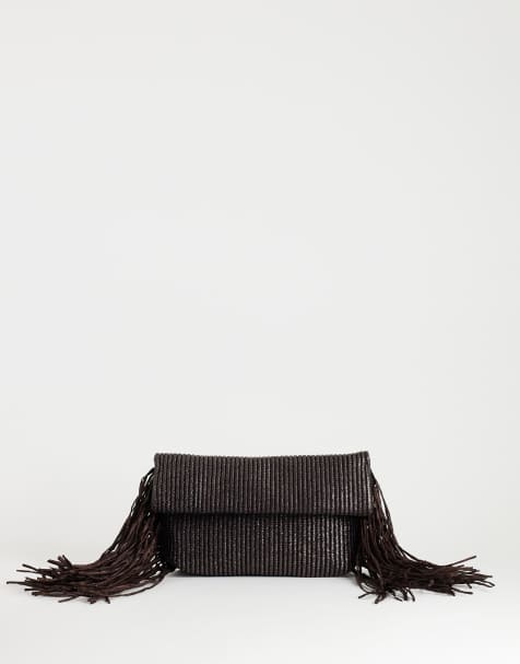 Topshop – Oversize-Clutch mit Quasten im Flechtdesign in Schokobraun - view 1