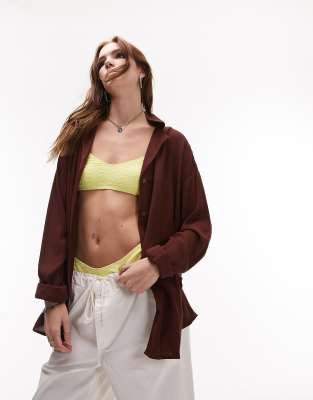 Topshop Topshop oversize crinkle beach shirt in chocolate brown