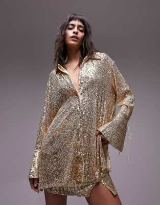 Topshop - Oversize-Hemd mit Paillettenbesatz in Champagner, Kombiteil-Neutral