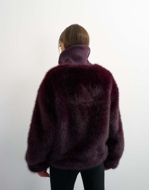 Topshop oversize jacka i fuskpäls med ståkrage i aubergine, 3 av 4