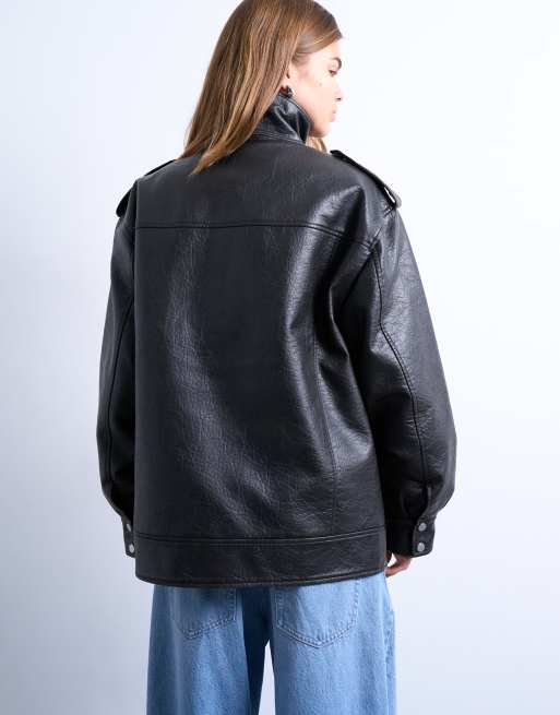 Topshop – Oversize-Jacke in schwarzer Lederoptik mit Reißverschluss und Stehkragen, 4 von 4