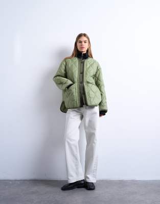 Topshop - Oversize-Jacke in zwei Khakitönen mit Futter und Knopfleiste-Grün
