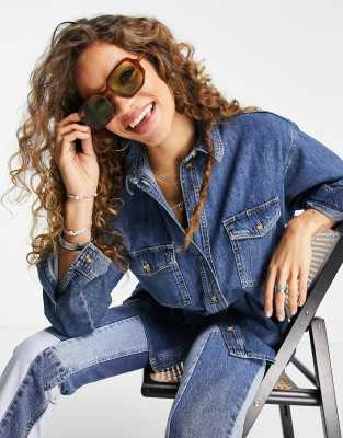 Topshop - Oversize-Jeanshemd in Mittelblau