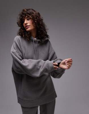 Topshop - Oversize-Kapuzenpullover aus Teddyfell in Schiefergrau, Kombiteil