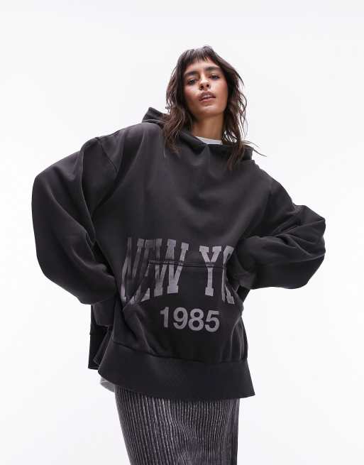 Topshop – Oversize-Kapuzenpullover in verwaschenem Anthrazit mit „New York“-Grafikprint