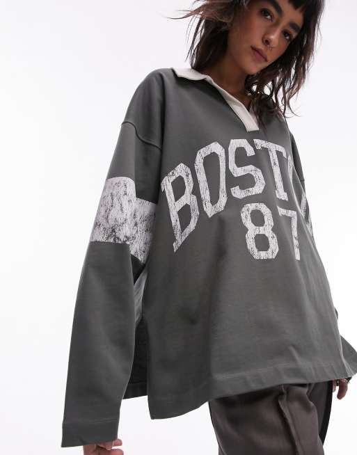 Topshop – Oversize-Polo-Oberteil in Khaki mit „Boston 87“-Grafik, 2 von 4