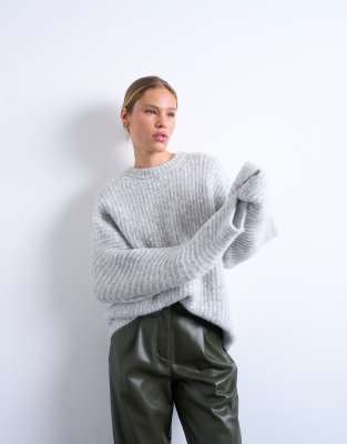 Topshop - Oversize-Pullover aus Rippstrick in Grau mit Ballonärmeln