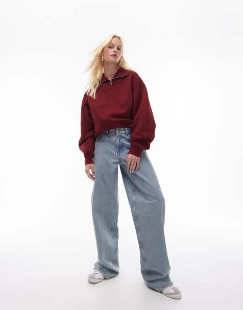 Topshop – Oversize-Pullover in Burgunderrot mit kurzem Reißverschluss - view 1
