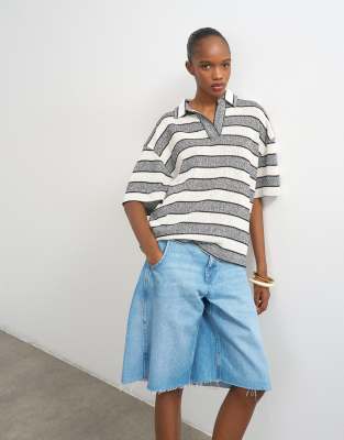 Topshop - Oversize-Rugby-Oberteil in Grau mit Patchwork-Streifen