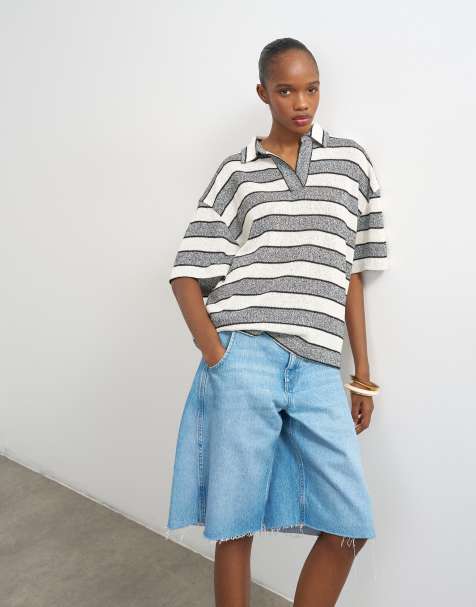 Topshop – Oversize-Rugby-Oberteil in Grau mit Patchwork-Streifen - view 1