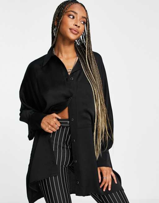 Topshop Oversize Satinhemd In Schwarz Asos