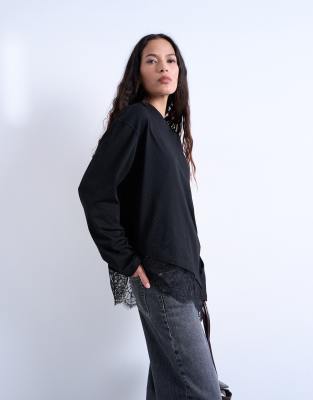 Topshop - Oversize-Skater-T-Shirt in Schwarz mit Spitzenbesatz