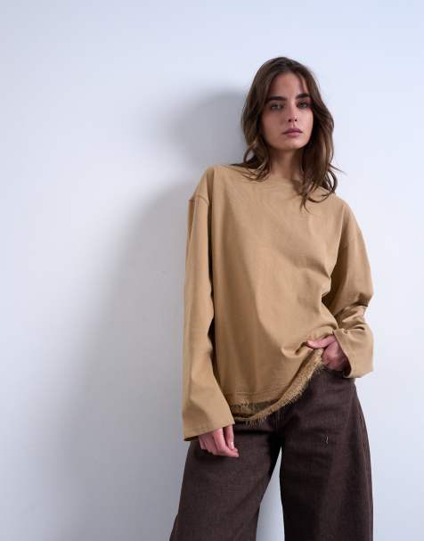 Topshop – Oversize-Skatershirt in Steinbeige mit Spitzenborte - view 1