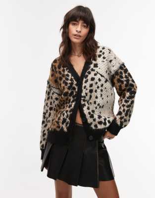 Topshop - Oversize-Strickjacke in neutraler Farbe mit Farbverlauf und Tierfellmuster