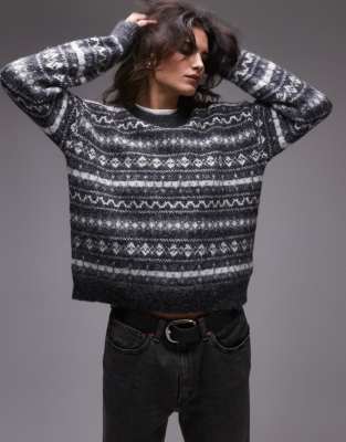 Topshop - Oversize-Strickpullover in Grau mit All-over-Norwegermuster