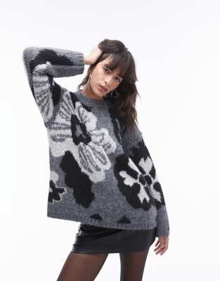 Topshop - Oversize-Strickpullover in Grau mit großem Blumenmuster