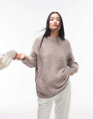 Topshop - Oversize-Strickpullover in Hellbeige mit sichtbarer Kontrastnaht-Braun