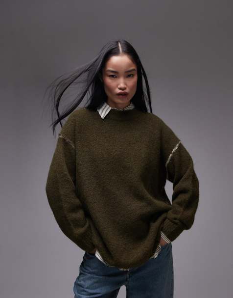 Topshop – Oversize-Strickpullover in Khaki mit sichtbarer Kontrastnaht - view 1