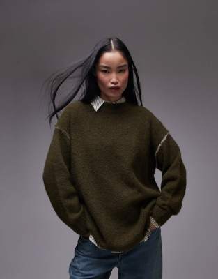 Topshop - Oversize-Strickpullover in Khaki mit sichtbarer Kontrastnaht-Grün