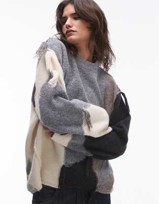 Topshop - Oversize-Strickpullover in Neutral mit Patchwork-Design und Fransendetails-Bunt