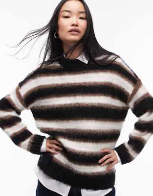 Topshop - Oversize-Strickpullover mit Streifen in Schwarz, Braun und Neutral-Bunt